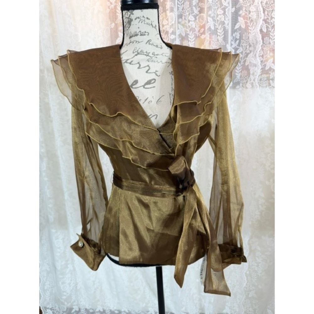 Hampton Nites Vintage Bronze Metallic Ruffle Wrap Blouse Rhinestone Cuff Small